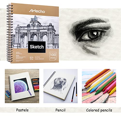 Artecho 9x12" Sketch Book, 100 Sheets (60 lb/90gsm), Spiral Bound, Art Supplies Sketch Pad, Durable Acid Free Drawing Paper, Ideal for Kids & Adults, Natural White