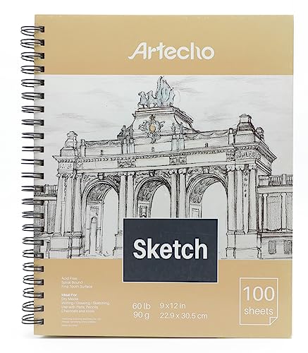 Artecho 9x12" Sketch Book, 100 Sheets (60 lb/90gsm), Spiral Bound, Art Supplies Sketch Pad, Durable Acid Free Drawing Paper, Ideal for Kids & Adults, Natural White
