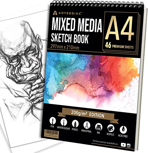 Sketch Book, A4 Drawing Pad, Mix Media Sketch pad, 200gsm Heavy Weight Paper, 46 Sheets, Spiral-Bound, for Artist, Marker, Acrylic, Watercolour, Painting, Sketch, Gift for Artist
