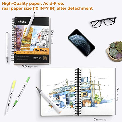 Sketch Book Hardcover Spiral Bound: Ohuhu 62 Sheets/124 Pages Artist Sketchbook(254 x 193mm)200gsm Heavyweight Durable Acid Free Drawing Paper Pad for Pencils Markers Charcoal Acrylic Watercolour