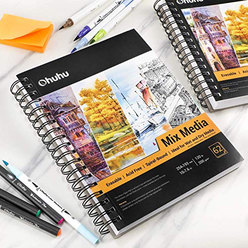 Sketch Book Hardcover Spiral Bound: Ohuhu 62 Sheets/124 Pages Artist Sketchbook(254 x 193mm)200gsm Heavyweight Durable Acid Free Drawing Paper Pad for Pencils Markers Charcoal Acrylic Watercolour