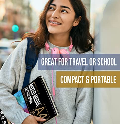 Sketch Book, A4 Drawing Pad, Mix Media Sketch pad, 200gsm Heavy Weight Paper, 46 Sheets, Spiral-Bound, for Artist, Marker, Acrylic, Watercolour, Painting, Sketch, Gift for Artist