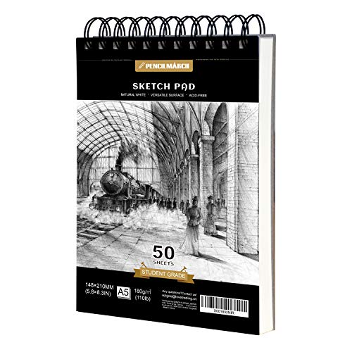 PENCILMARCH Spiral Bound Artist Sketch Pad – A5 Sketchbook 180 GSM 50 Sheets Art Pad Paper for Artists, Art Book Pad for The Studio, School Or at Home