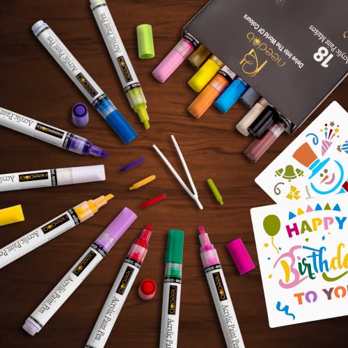 NEEDAB Acrylic Paint Pens-Set of 18 Rock Painting Art Markers – Water-Based Couloring Kit for Glass,Canvas, Ceramic, Porcelain, Wood, Mug, Fabric, and Kids DIY Crafts – Quick Dry Medium Reversible Tip