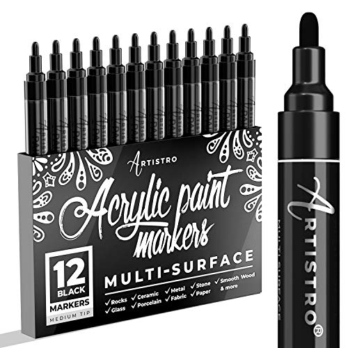 ARTISTRO Black Paint Pens for Rock Painting, Stone, Ceramic, Glass, Wood, Tire, Fabric, Metal, Canvas. Set of 12 Water Based Black Markers for Acrylic Painting Medium Point Tip