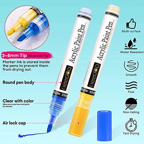 NEEDAB Acrylic Paint Pens-Set of 18 Rock Painting Art Markers – Water-Based Couloring Kit for Glass,Canvas, Ceramic, Porcelain, Wood, Mug, Fabric, and Kids DIY Crafts – Quick Dry Medium Reversible Tip