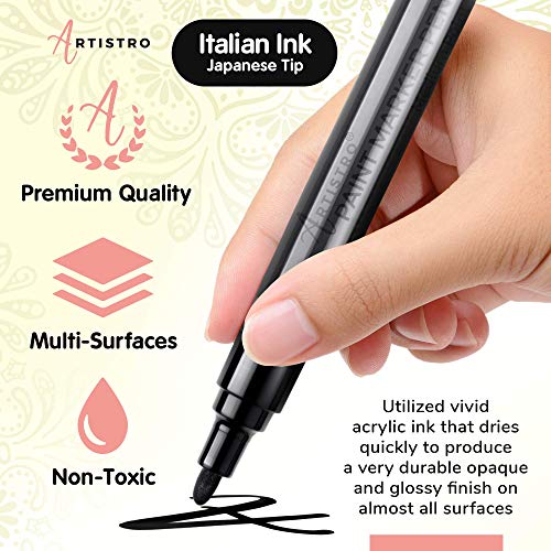 ARTISTRO Black Paint Pens for Rock Painting, Stone, Ceramic, Glass, Wood, Tire, Fabric, Metal, Canvas. Set of 12 Water Based Black Markers for Acrylic Painting Medium Point Tip
