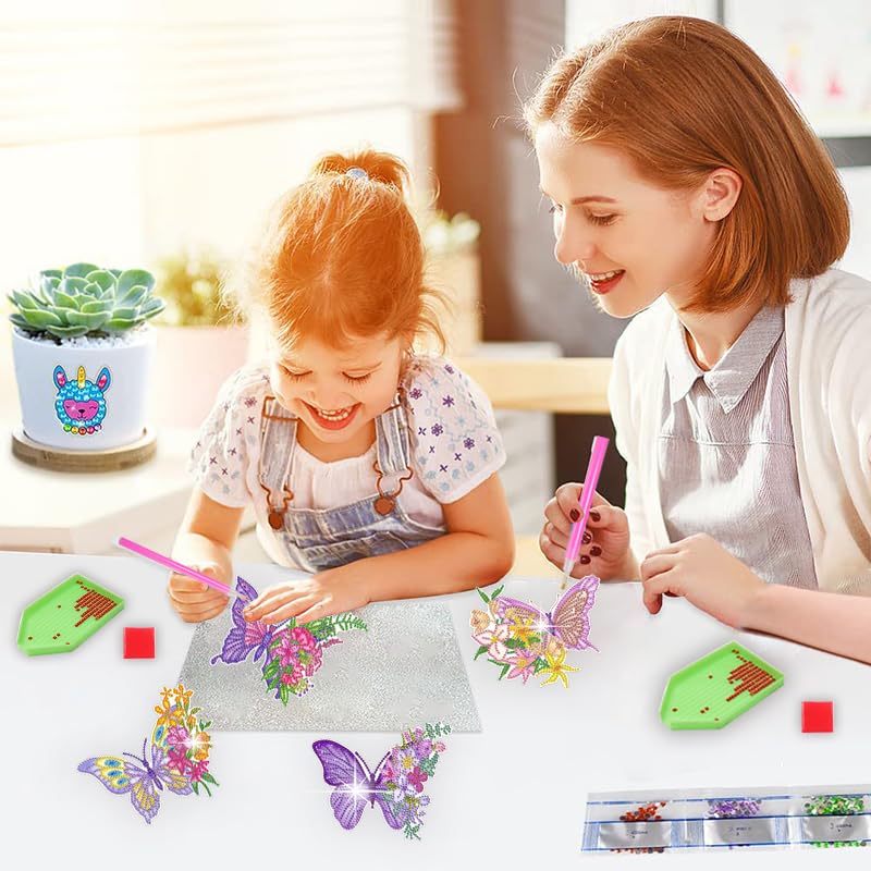 4 Pcs Butterfly 5D Diamond Painting Stickers Kits for Kids,Flowers Diamond Art Stickers,DIY Diamond Painting Stickers,Arts Craft Mosaic Stickers,Paint by Numbers Diamond Craft for Kids Adult Beginners