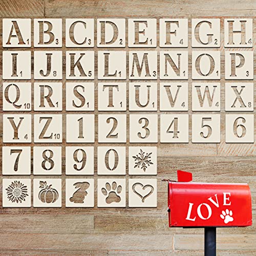 Prasacco 42 Pieces Letter Number Stencils, 2 inch Stencils for Painting on Wood Reusable Plastic Alphabet Drawing Templates for Painting on Wood Wall Fabric Rock Chalkboard Door Porch DIY Art