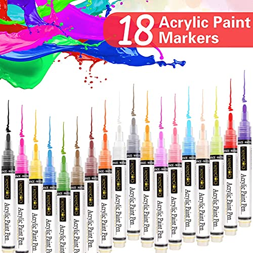 NEEDAB Acrylic Paint Pens-Set of 18 Rock Painting Art Markers – Water-Based Couloring Kit for Glass,Canvas, Ceramic, Porcelain, Wood, Mug, Fabric, and Kids DIY Crafts – Quick Dry Medium Reversible Tip