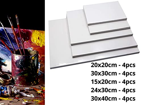 ARTME 20pcs Canvas Panels (15x20-4pk, 24x30-4pk, 30x40-4pk, 20x20-4pk, 30x30-4pk) 3mm Blank Artist Canvas Board / 280GSM/ 100% Cotton/Triple Primed/Acid Free/Medium Grain- Acrylic & Oil Painting