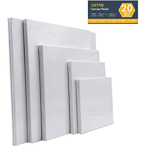 ARTME 20pcs Canvas Panels (15x20-4pk, 24x30-4pk, 30x40-4pk, 20x20-4pk, 30x30-4pk) 3mm Blank Artist Canvas Board / 280GSM/ 100% Cotton/Triple Primed/Acid Free/Medium Grain- Acrylic & Oil Painting