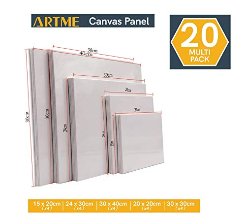 ARTME 20pcs Canvas Panels (15x20-4pk, 24x30-4pk, 30x40-4pk, 20x20-4pk, 30x30-4pk) 3mm Blank Artist Canvas Board / 280GSM/ 100% Cotton/Triple Primed/Acid Free/Medium Grain- Acrylic & Oil Painting