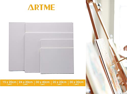 ARTME 20pcs Canvas Panels (15x20-4pk, 24x30-4pk, 30x40-4pk, 20x20-4pk, 30x30-4pk) 3mm Blank Artist Canvas Board / 280GSM/ 100% Cotton/Triple Primed/Acid Free/Medium Grain- Acrylic & Oil Painting