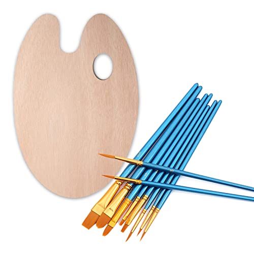 Wooden Paint Palette,Paint Brushes 10 Pack for Oil Painting and Watercolor, Classic Wooden Artists Palette with Thumb Hole for Oil Paint,Acrylics,Paint Art, 11.81 * 7.87inch