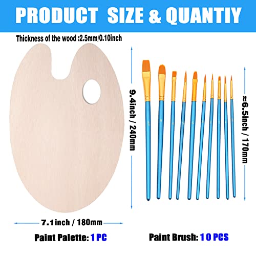 Wooden Paint Palette,Paint Brushes 10 Pack for Oil Painting and Watercolor, Classic Wooden Artists Palette with Thumb Hole for Oil Paint,Acrylics,Paint Art, 11.81 * 7.87inch