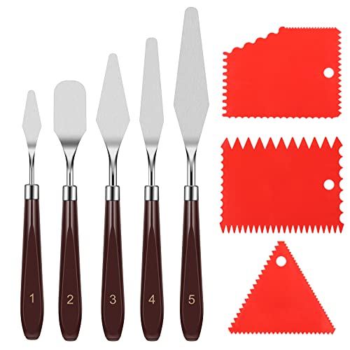 Zocipro 8Pcs Palette Knife Set, 5Pcs Pallet Knife Painting Tools with 3 Plastic Scraper, Oil Painting Mixing Scraper, Stainless Steel Painting Paint Knife Spatula Set for Art Craft Painting