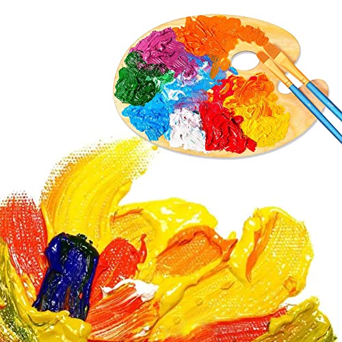 Wooden Paint Palette,Paint Brushes 10 Pack for Oil Painting and Watercolor, Classic Wooden Artists Palette with Thumb Hole for Oil Paint,Acrylics,Paint Art, 11.81 * 7.87inch