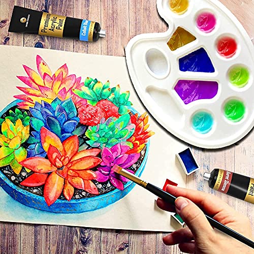 Desire Deluxe Acrylic Paint Set School Art Supplies for Artist – 30pc Craft Kit for Rock, Wood, Ceramic, Canvas, Paper & Fabric – Include Mixing Knife, Sponge, Palette and 3 Sizes Premium Brushes