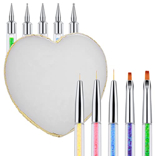 Sibba Nail Art Palette with 5 Nail Brushes Sets Resin Nail Mixing Palette Polish Color Mixing Plate Golden Edge Nail Holder Display Board Cosmetic Mixing Tools (White)