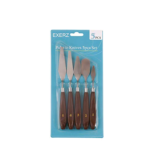 EXERZ Palette Knives Set 5 pcs Stainless Steel Wooden Handle. Spatula/Scraper. Art Supply, Accessories For Oil and Acrylic Painting, Colour Mixing For Pouring Art, Pre-mixing for Watercolours