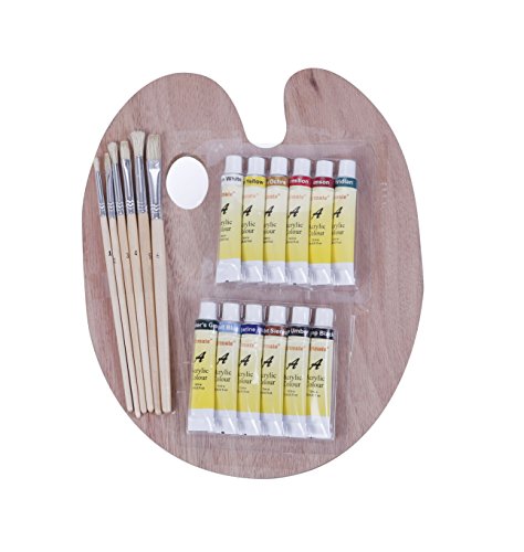 Exerz Acylic Paint, Brushes & Palette Set - 12 x Acrylic Paints (12ml), 6 x Artist Brushes, 1 x Wooden Palette