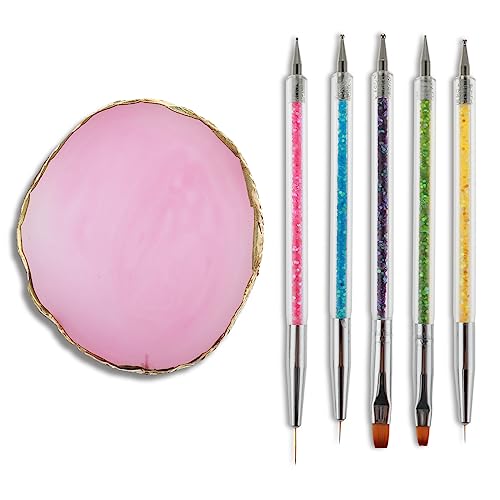 Double-Ended Nail Art Brushes Set, 5Pcs Nail Design Tools Kit Including Nail Liner Brush and Nail Dotting Pens with Resin Nail Art Palette for Women DIY Nail Art Painting, Gel Nail Polish Brushes