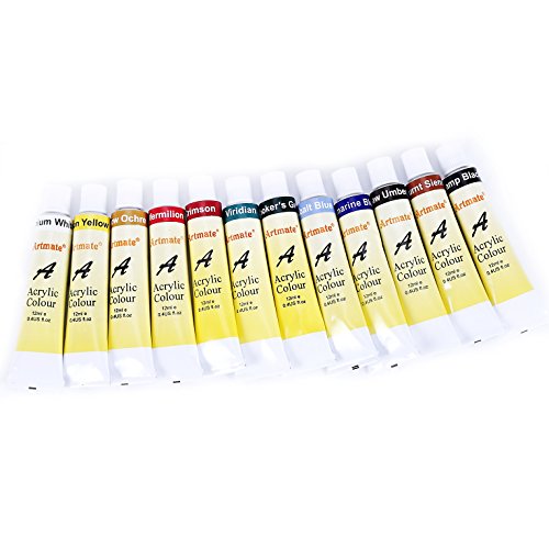 Exerz Acylic Paint, Brushes & Palette Set - 12 x Acrylic Paints (12ml), 6 x Artist Brushes, 1 x Wooden Palette