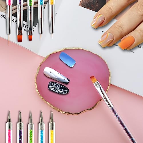 Double-Ended Nail Art Brushes Set, 5Pcs Nail Design Tools Kit Including Nail Liner Brush and Nail Dotting Pens with Resin Nail Art Palette for Women DIY Nail Art Painting, Gel Nail Polish Brushes