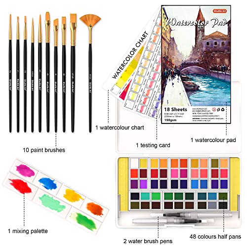 Shuttle Art Watercolour Paint Set, 48 colours Watercolour Paint in Half Pan, 2 Water Brush Pens, 10 Brushes, 1 Pad, 1 Palette, 2 colour Charts, Watercolour Kit for Kids, Adults, Artists
