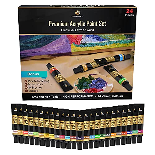 Desire Deluxe Acrylic Paint Set School Art Supplies for Artist – 30pc Craft Kit for Rock, Wood, Ceramic, Canvas, Paper & Fabric – Include Mixing Knife, Sponge, Palette and 3 Sizes Premium Brushes