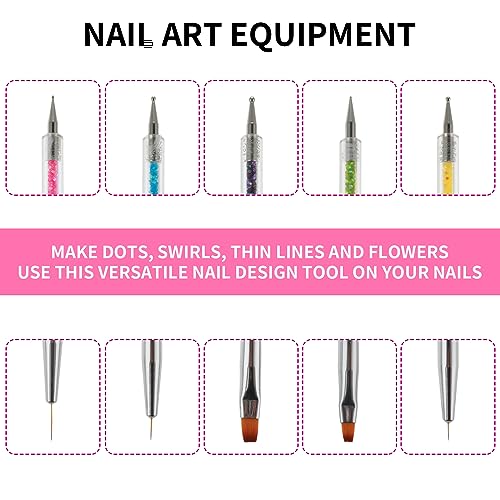 Double-Ended Nail Art Brushes Set, 5Pcs Nail Design Tools Kit Including Nail Liner Brush and Nail Dotting Pens with Resin Nail Art Palette for Women DIY Nail Art Painting, Gel Nail Polish Brushes