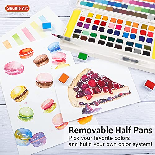 Shuttle Art Watercolour Paint Set, 48 colours Watercolour Paint in Half Pan, 2 Water Brush Pens, 10 Brushes, 1 Pad, 1 Palette, 2 colour Charts, Watercolour Kit for Kids, Adults, Artists