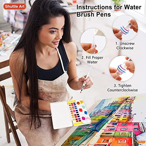 Shuttle Art Watercolour Paint Set, 48 colours Watercolour Paint in Half Pan, 2 Water Brush Pens, 10 Brushes, 1 Pad, 1 Palette, 2 colour Charts, Watercolour Kit for Kids, Adults, Artists