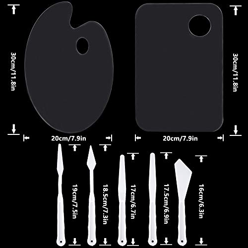 Rybtd 2PCS Acrylic Paint Palette with 5PCS Plastic Palette Knife Tool Set Ellipse Clear Paint Palette Rectangle Non-Stick Art Palette with Thumb Hole Perfect for Oil Painting Beginner Students Artists