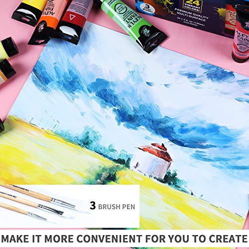 TBC Acrylic Paint Set for Professional Artists, Kids Beginners Painting Craft on Paper, Canvas, Rock, Wood, Ceramic, Glass - Set of 24 Tubes x 120ml with 3 Paint Brushes