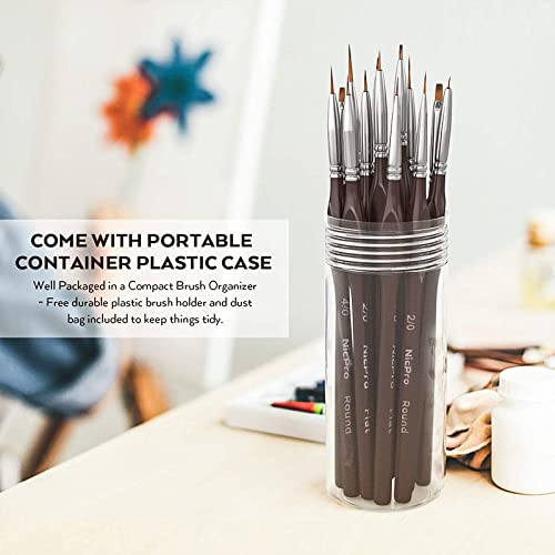 Nicpro Fine Detail Paint Brush Set, 15 PCS Small Professional Miniature Thin Brushes for Watercolour Oil Acrylic, Nail, Art Craft Models Rock Painting & Paint by Number - with Holder Bag