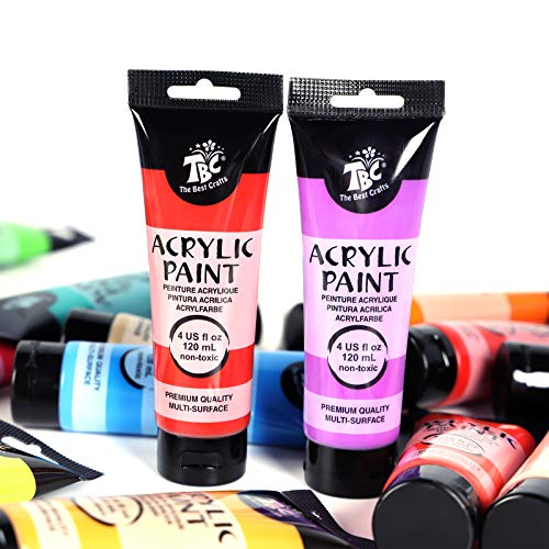 TBC Acrylic Paint Set for Professional Artists, Kids Beginners Painting Craft on Paper, Canvas, Rock, Wood, Ceramic, Glass - Set of 24 Tubes x 120ml with 3 Paint Brushes