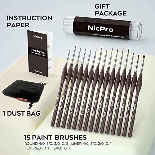 Nicpro Fine Detail Paint Brush Set, 15 PCS Small Professional Miniature Thin Brushes for Watercolour Oil Acrylic, Nail, Art Craft Models Rock Painting & Paint by Number - with Holder Bag