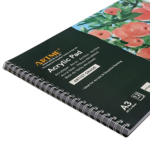 ARTME A3 Acrylic Pad x 12 Sheets/ 400gsm Extra Heavyweight/Cold Pressed/Acid Free for A Variety of Wet and Dry Media – Premium Quality Drawing Pad Sketchbook Acrylic and Gouache Painting (A3 1pk)