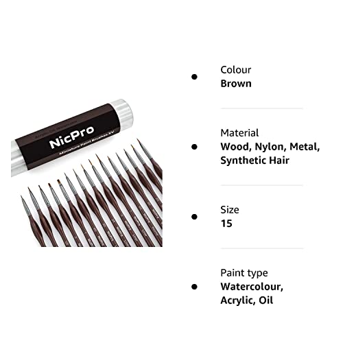 Nicpro Fine Detail Paint Brush Set, 15 PCS Small Professional Miniature Thin Brushes for Watercolour Oil Acrylic, Nail, Art Craft Models Rock Painting & Paint by Number - with Holder Bag