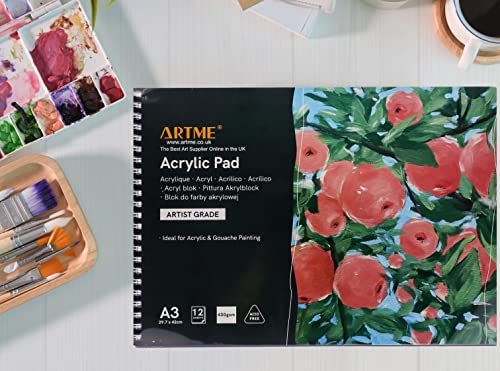 ARTME A3 Acrylic Pad x 12 Sheets/ 400gsm Extra Heavyweight/Cold Pressed/Acid Free for A Variety of Wet and Dry Media – Premium Quality Drawing Pad Sketchbook Acrylic and Gouache Painting (A3 1pk)