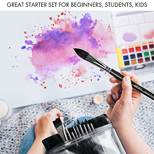 Artify 12 pcs Paint Brush Set - Nylon Painting Brushes for Acrylic, Oil, Watercolor and Gouache Painting for Kid and Adult, Beginner and Professional, with Round, Angle, Flat, Filbet, Fan Shape, Black