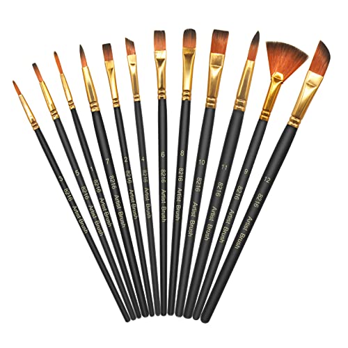 Skaaisont PaintBrushes,12 Pcs Set, Multiple sizes Nylon Hair Brush Wooden Pen Body, Suitable for Model, Art, Acrylic, Watercolour, Oil and Gouache Paintings (Black), Wood