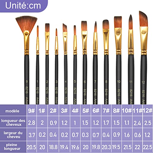 Skaaisont PaintBrushes,12 Pcs Set, Multiple sizes Nylon Hair Brush Wooden Pen Body, Suitable for Model, Art, Acrylic, Watercolour, Oil and Gouache Paintings (Black), Wood