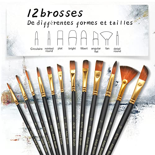 Skaaisont PaintBrushes,12 Pcs Set, Multiple sizes Nylon Hair Brush Wooden Pen Body, Suitable for Model, Art, Acrylic, Watercolour, Oil and Gouache Paintings (Black), Wood