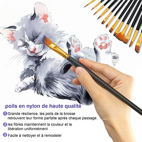 Skaaisont PaintBrushes,12 Pcs Set, Multiple sizes Nylon Hair Brush Wooden Pen Body, Suitable for Model, Art, Acrylic, Watercolour, Oil and Gouache Paintings (Black), Wood