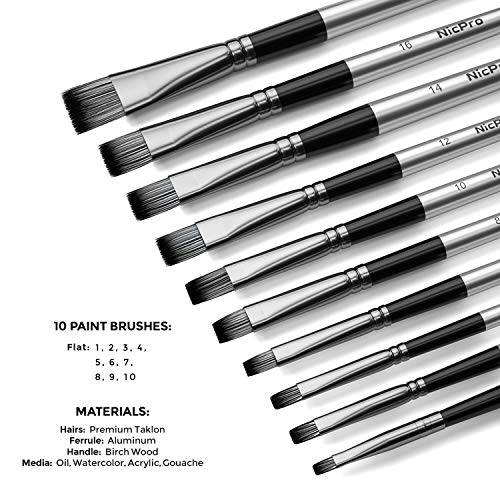 Nicpro 10 PCS Flat Paint Brush Set Art Painting Brushes for Acrylic Watercolor Oil Gouache, Artist Kit for Kid & Adult
