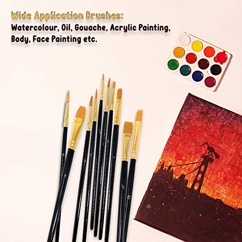 MSC Paint Brush Set 10 pc Nylon Hair Paintbrushes Multi Purpose Wooden Watercolour, Oil, Gouache, Acrylic Painting, Ceramic, Craft Art Brushes (Black)