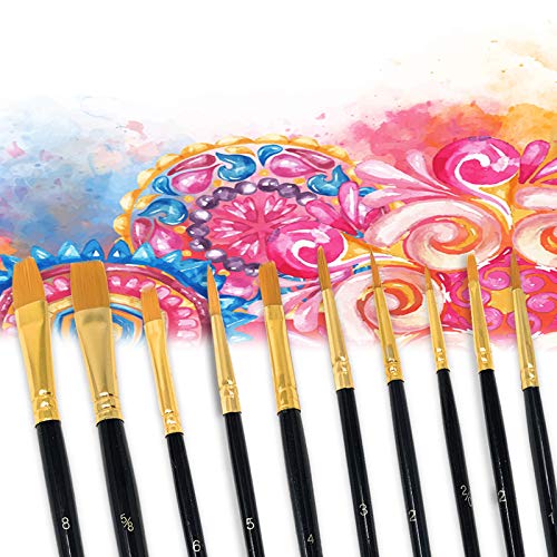 MSC Paint Brush Set 10 pc Nylon Hair Paintbrushes Multi Purpose Wooden Watercolour, Oil, Gouache, Acrylic Painting, Ceramic, Craft Art Brushes (Black)